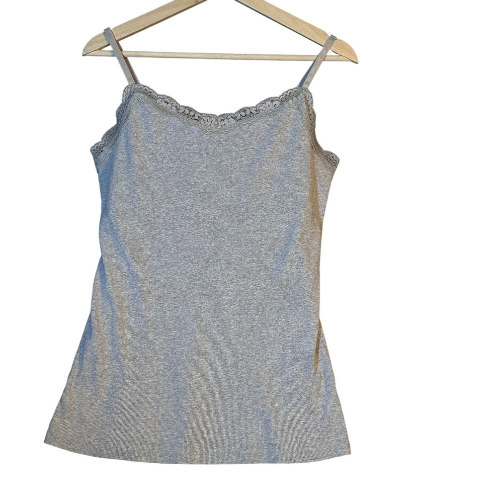 Faded Glory Cami Tank Top Women L 12-14 Gray Lace Trim Ribbed Y2K Style